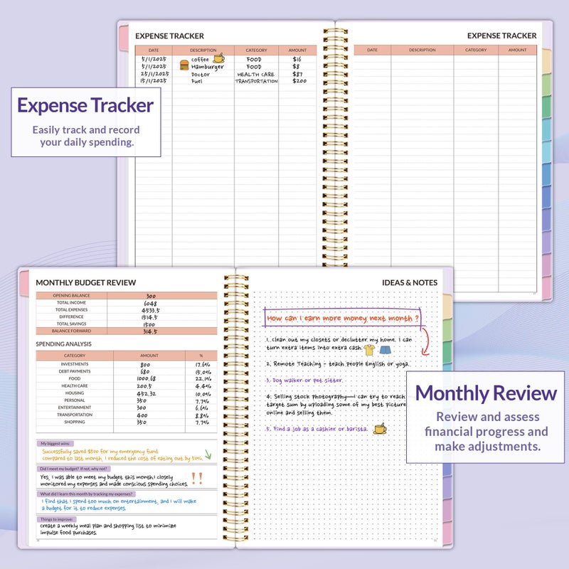 ساني مخطط ميزانية SUNEE - كتاب ميزانية شهرية مع دفتر ملاحظات لتتبع النفقات، مقاس A4 (8.5 بوصة × 11 بوصة) غير مؤرخ، منظم فواتير لمدة 12 شهرًا ومخطط مالي لإدارة أموالك، دفتر حسابات مع علامة تبويب ملونة، أرجواني - Image 4